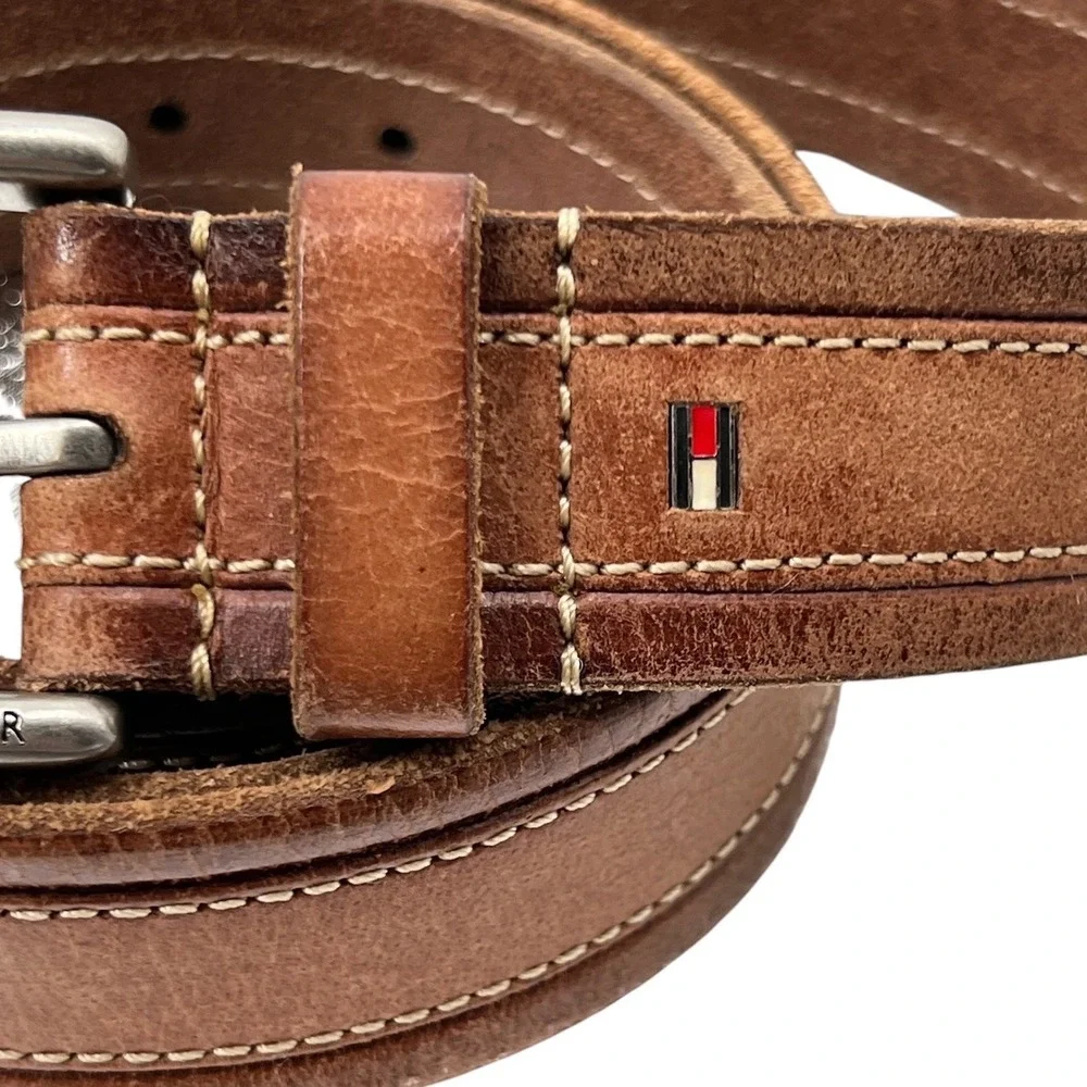 Tommy Hilfiger Leather Belt XL Brown Contrast Stitch Rugged Americana Preppy
